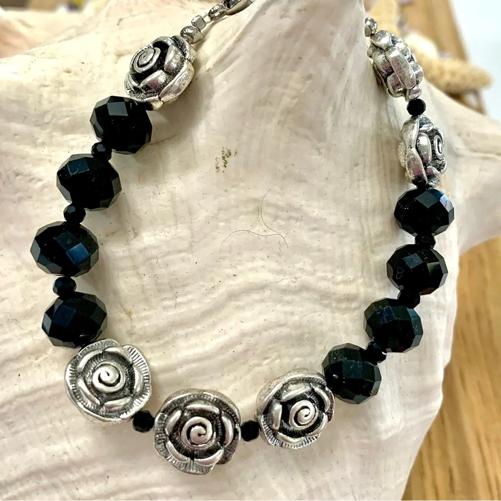 Triple Silver Rose Black Beaded Bracelet - Picture 2 of 3